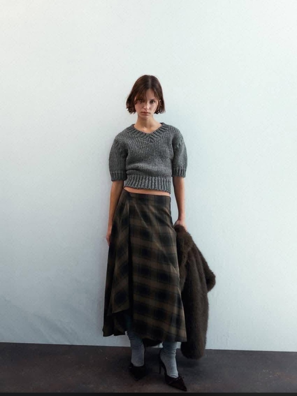 Zara Taupe and Black Plaid A-Line Midi Skirt